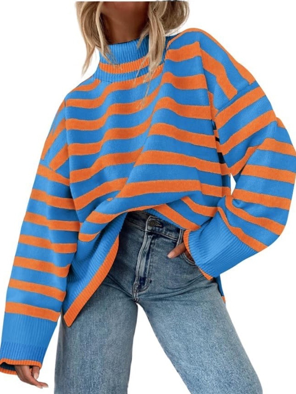 Agseem Striped Turtleneck Blue and Orange Oversized Split Hem Oversized Sweater